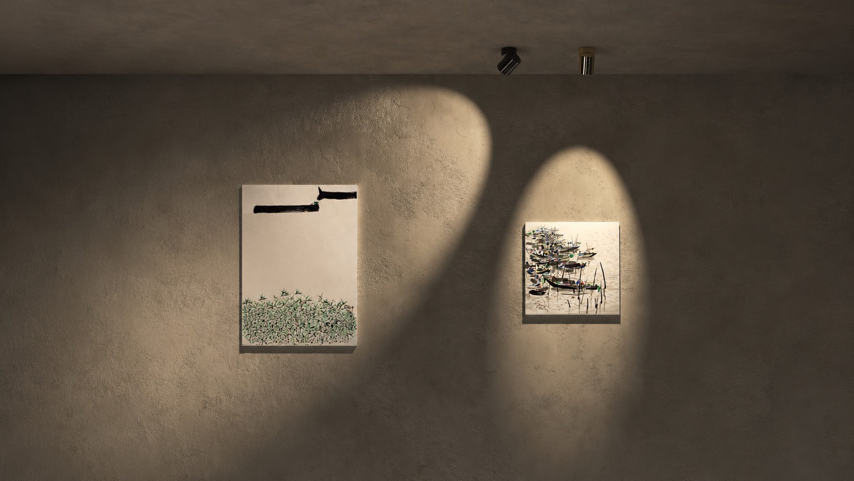Two framed artworks on a warm wall, each lit by a Lumivé spotlight